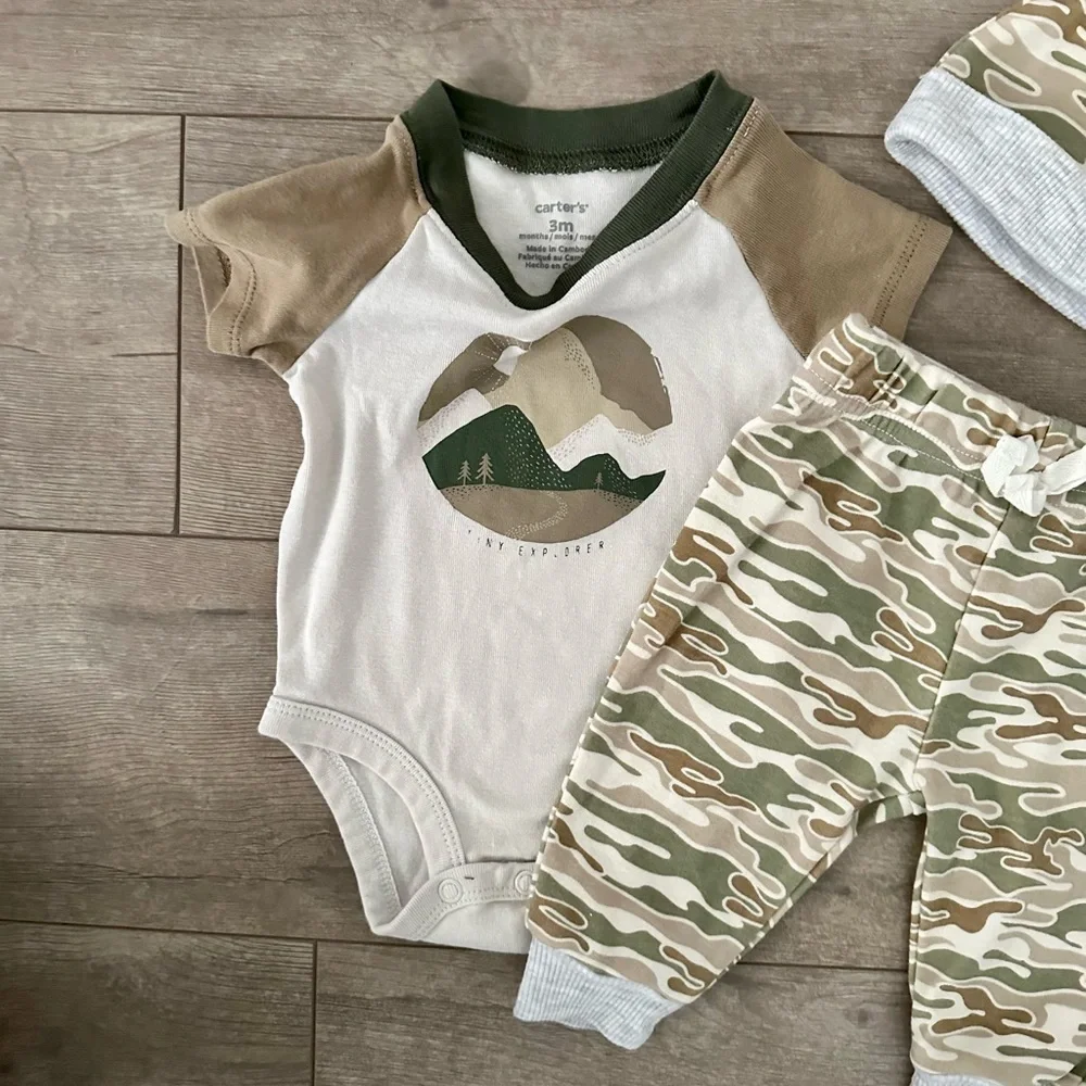 Baby Boy Camo Joggers, Hat & Nature Outdoor Shirt Baby Boy 0-3M